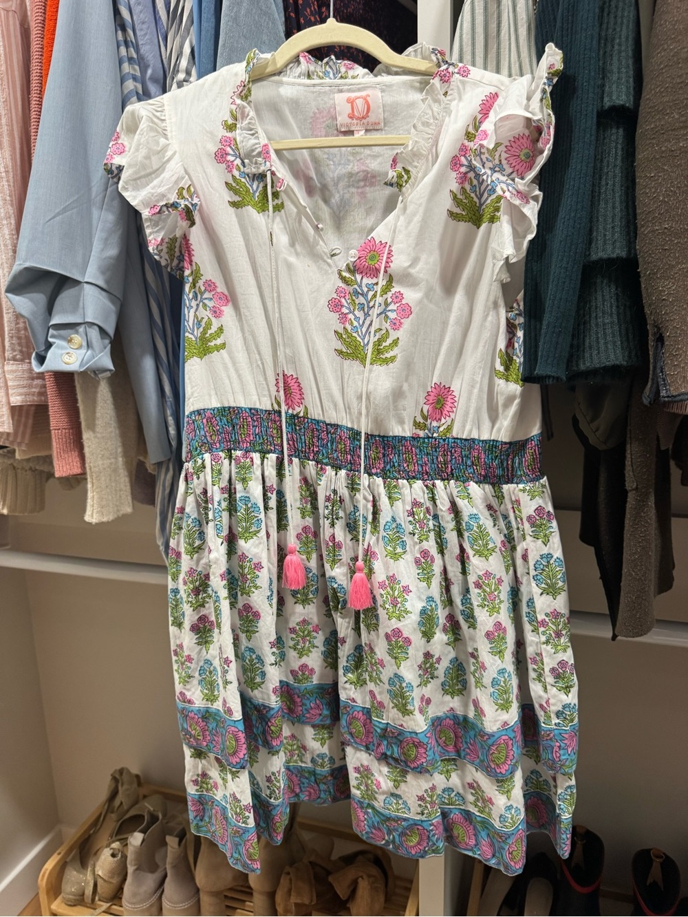 Victoria Dunn White Floral Smocked Waist Dress with Pink & Green Accents